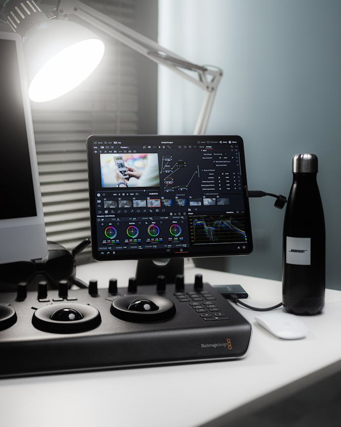 A sleek workspace featuring video editing tools and devices in a professional setting.